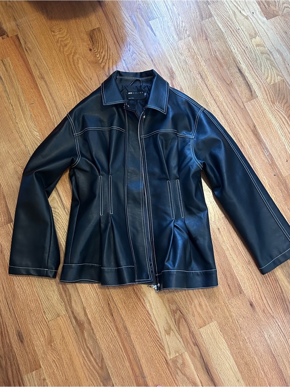 Black Faux Leather Zip cinch waist Jacket - Classic Casual